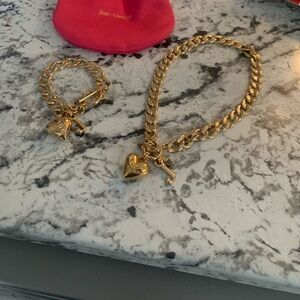 Y2K JUICY COUTURE Gold Heart Charm Bracelet and Necklace Set